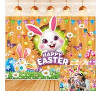 Happy Easter Sfondo Primavera Coniglio Pasqua Uova Colorate Floreale Erba Verde Banner In Legno Sfondo Bambini Festa di Compleanno Cortile Decorazione Photo Booth Puntelli Forniture per Eventi 2,3 x 1