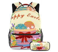 Happy Easter Upgrade Your School Essentials, zaino con astuccio, perfetto per ragazzi, ragazze e adolescenti, Multicolore#02, B：29.4x20x40cm P：19x7.5x3.8cm, Zaini Daypack