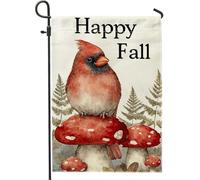 Happy Fall - Bandiera da giardino cardinale con funghi rossi e uccelli, decorazione per esterni, striscione in iuta su entrambi i lati, per decorazione autunnale del prato, 30,5 x 45,7 cm