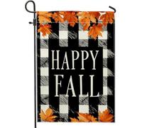 Happy Fall - Bandiera da giardino con foglie d'acero, decorazione per esterni a quadri bianchi e neri per feste autunnali, striscione da giardino in iuta su entrambi i lati per la decorazione del
