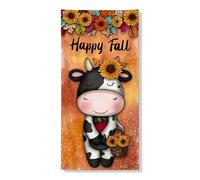 Happy Fall - Copertura per porta con mucca in stile cartone animato, design floreale con animali della fattoria, per autunno, per interni ed esterni, 91 x 182 cm