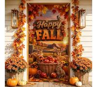 Happy Fall Harvest Greeting Autumn Door Covers 91,4 x 182,9 cm | Motivo animali della foresta, striscione del portico, cesto di mele rosse, struttura in legno rustico