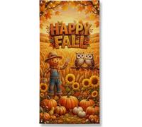Happy Fall Spaventapasseri e zucche Harvest Autunno Copritorta 91 x 183 cm | Spaventapasseri rustici, sfondo per porta d'ingresso, campo di girasoli, zucche del raccolto, gufi del bosco
