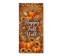 Happy Fall Y'all - Copri porta con zucche rustiche, 91,4 x 183 cm | Sfondo rustico in legno, sfondo porta d'ingresso, girasoli, pannocchie di mais, luci stringa, saluto stagionale caldo