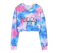 Happy, Felpa con cappuccio per ragazze e ragazze, a maniche lunghe, corta, leggera, morbida, con inchiostro, per bambine dai 10 ai 12 anni, taglia 10, oversize (blu, 9-10 anni)