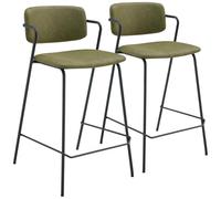 Happy Garden Set di 2 sgabelli da Bar LÉON in Similpelle Verde con poggiapiedi, Imbottitura in Schiuma, Gambe in Ferro Nero - Cucina, Bar, Isola Centrale