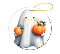 Happy Ghost che tiene due piccole zucche ornamenti da appendere all'albero di Natale, 2 pezzi, 7,2 cm, rotondi su entrambi i lati