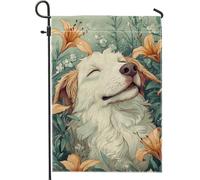 Happy Golden Retriever - Bandiera da giardino con cane color crema con fiori, decorazione estiva per la casa, bandiera decorativa su entrambi i lati, per esterni, 30,5 x 45,7 cm