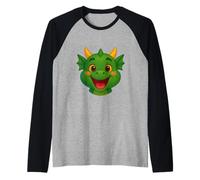Happy Green Cartoon Dragon Face Illustration Maglia con Maniche Raglan