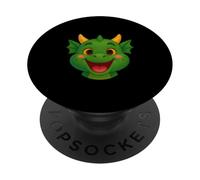 Happy Green Cartoon Dragon Face Illustration PopSockets PopGrip Adesivo