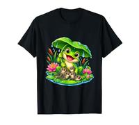 Happy Green Frog Sheltering Girini sotto Un Giglio Pad Maglietta
