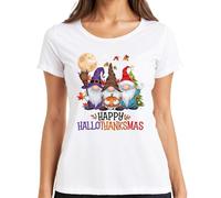 Happy HalloThanksmas Gnomes Halloween Natale Design Divertente Maglietta da donna, bianco, L