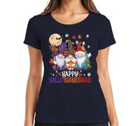 Happy HalloThanksmas Gnomes Halloween Natale Design Divertente Maglietta da donna, blu navy, L
