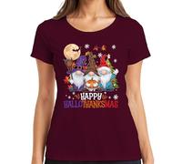 Happy HalloThanksmas Gnomes Halloween Natale Design Divertente Maglietta da donna, bordeaux, L
