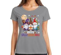 Happy HalloThanksmas Gnomes Halloween Natale Design Divertente Maglietta da donna, grigio., L