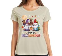Happy HalloThanksmas Gnomes Halloween Natale Design Divertente Maglietta da donna, naturale, L