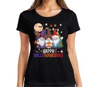 Happy HalloThanksmas Gnomes Halloween Natale Design Divertente Maglietta da donna, Nero , L