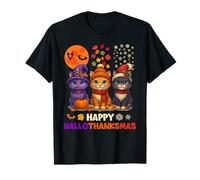 Happy HalloThanksMas Halloween Thanksgiving Christmas Cats Maglietta