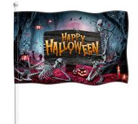 Happy Halloween Bandiera 0,9 x 1,5 m in tela double-face teschio scheletro rosso foglie cadute zucca albero candela spaventoso quattro lati cucito colori vivaci durevole resistente allo sbiadimento UV