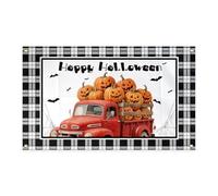 Happy Halloween Bandiera Banner 0,9 x 1,5 m Track and Pumpkin Check modello poliestere resistente allo sbiadimento con quattro occhielli per la decorazione di interni ed esterni.