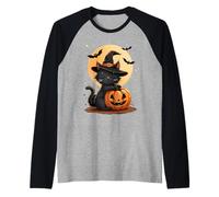 Happy Halloween Carino Gatto Nero Strega Cappello Zucca Spooky Maglia con Maniche Raglan