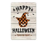 Happy Halloween Cartello Trick or Treat arancione plaid zucca latta segno retrò marrone venature del legno placca metallica horror decorazione per ingresso studio sala ingresso porta d'ingresso 30,5 x