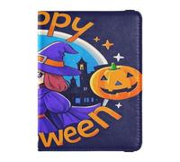 Happy Halloween Cartone Animato Carino Strega Cuoio decorativo Porta Passaporto Copertura Documenti di Viaggio Organizer Protector Passaporto Portafoglio Ultra Sottile, Strega carina del fumetto
