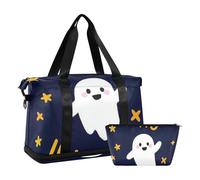 Happy Halloween Cartoon carino bianco unico viaggio borsa a mano durante la notte weekender borse con cinghia regolabile per aereo viaggio pieghevole, Felice Halloween cartone animato carino bianco