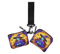 Happy Halloween Cartoon Cute Witch Dual Coin Purse Porta Carte di Credito Portafoglio Piccolo Portatile Card Wallet Money Organizer con Cinturino da Polso per Signore 2 Confezioni monedero porta