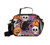Happy Halloween Cat Skull Pumpkin Borsa per il pranzo da donna grande capacità borsa per il pranzo con porta bottiglia d'acqua con tracolla da donna college