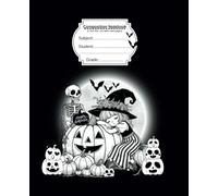 Happy Halloween - Composition Notebook - 7.5x9.25 in 110 wide-ruled pages: School Lined Notebook with white lined paper - Halloween-themed motif with a little witch, a skeleton and large pumpkins