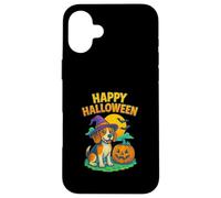 Happy Halloween Cute Dog with Pumpkin Witch Hat Art Custodia per iPhone 16 Plus