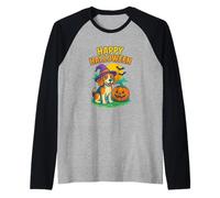 Happy Halloween Cute Dog with Pumpkin Witch Hat Art Maglia con Maniche Raglan