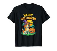 Happy Halloween Cute Dog with Pumpkin Witch Hat Art Maglietta