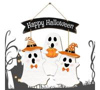 Happy Halloween Door Sign - Cute Ghost & Pumpkin | Wood Hanging Decor, 11x1