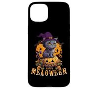 HAPPY HALLOWEEN GATTO con un cappello da strega e una zucca di Halloween Custodia per iPhone 15 Plus