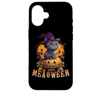 HAPPY HALLOWEEN GATTO con un cappello da strega e una zucca di Halloween Custodia per iPhone 16