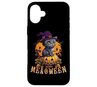 HAPPY HALLOWEEN GATTO con un cappello da strega e una zucca di Halloween Custodia per iPhone 16 Plus