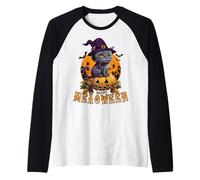 Happy Halloween Gatto con Un Cappello da Strega e Una Zucca di Halloween Maglia con Maniche Raglan