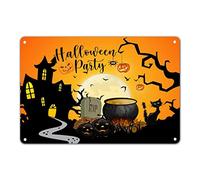 Happy Halloween Sign Pumpkin Moon Spaventare Corvo Targa in latta Vecchio Castello Gatto Nero Pipistrelli Targa in metallo Horror Primitivo Halloween Farmhouse Decor per cucina Sunroom Porta