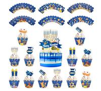 Happy Hanukkah - Set di decorazioni per cupcake e involucri, decorazioni per torte e cupcake, motivo Menorah Dreidel, decorazioni per feste per ebraismo ebraico e Capodanno