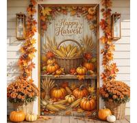 Happy Harvest - Copri porta con zucche autunnali, 91 x 183 cm | Pannocchie di mais, striscione per portico, cesto intrecciato, fogliame autunnale, struttura in legno, benvenuto stagionale