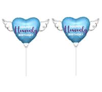 Happy Heavenly Birthday Palloncini blu/viola su un bastone a forma di cuore con ali d'angelo (confezione da 2)