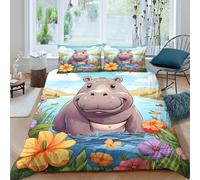 Happy hippo cartoonSet Di Copripiumino ultra microfibra 3 Pezzi stampa 3D con cerniera Animal illust copripiumino con federa soffice ultra morbido e traspirante for bambini Single（135x200cm）