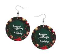 Happy Holidays - Orecchini rotondi in pelle PVC stampata su entrambi i lati, con ganci placcati in argento 925, taglia unica, argento Sterling e pietra dorata, One Size, Argento sterling, Pietra d'oro