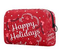 Happy Holidays - Trousse per cosmetici da donna, con sfondo rosso, per articoli da toeletta da viaggio, grande, pratica borsa organizer con cerniera, Multi, 18.5x7.5x13cm/7.3x3x5.1in, Beauty case