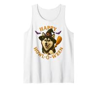 Happy Howl-O-Ween Husky Dog Witch Halloween Cappello e Scopa Canotta
