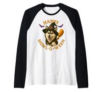 Happy Howl-O-Ween Husky Dog Witch Halloween Cappello e Scopa Maglia con Maniche Raglan