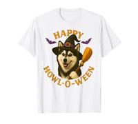 Happy Howl-O-Ween Husky Dog Witch Halloween Cappello e Scopa Maglietta