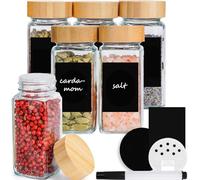 Happy Lemuro Set di 6 barattoli per spezie rettangolari da 120 ml, con inserto per spargimento, coperchi in bambù, etichette in nero, set di contenitori per spezie, spezie